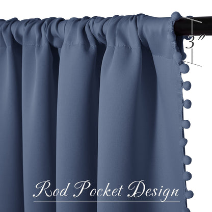StangH Stone Blue Blackout Curtains 84 inch for Living Room/Patio Sliding Door, Pompom Thermal Insulated Door Panels for Bedroom, Nursery Kids Home Decoration, W52 x L84, 2 Panels