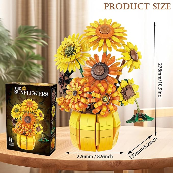 Flowers Building Set for Adults - Sunflowers Building Blocks with Vase 1009PCS Artificial Flowers Botanical Collection Gifts for Christmas Birthday Valentine's Day