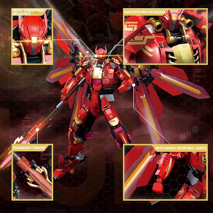 Red Mecha Building Set 511 Pieces Winged Robot Action Figure with Halberd Weapon Fully Articulated Warrior Construction Toy Collectible Anime Model Kit Gift for Adults Teens