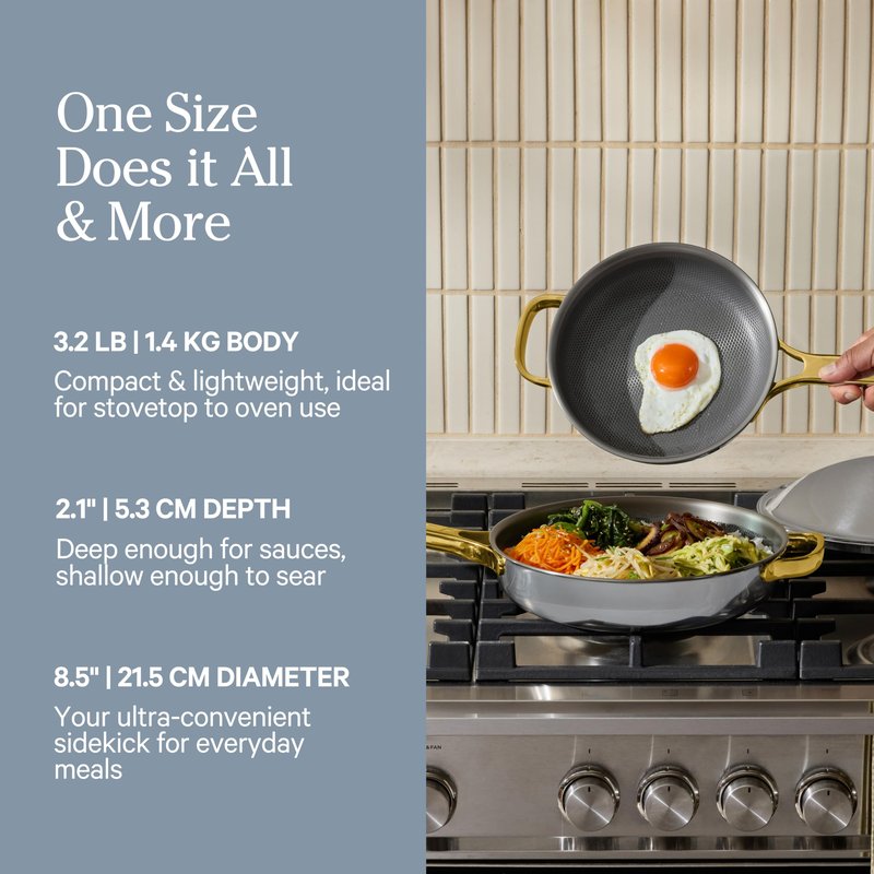 Our Place Titanium Always Pan Pro - 10.6” (2.8 Qt) No-Coating Nonstick Skillet | Tri-Ply Titanium & Stainless Steel | Safe for Oven, Induction & All Cooktops up to 750°F | Includes Spatula | Gold