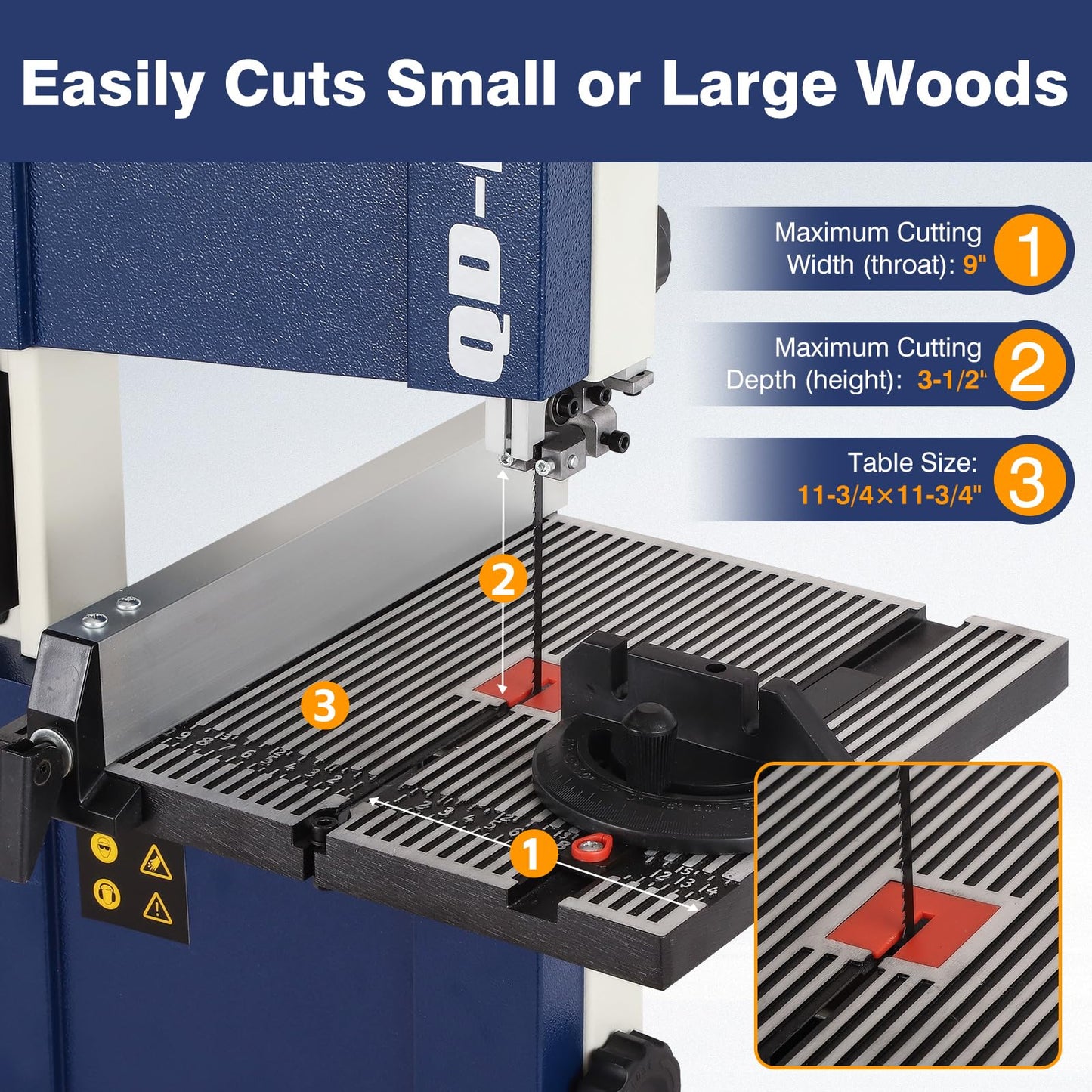 QD-KYOHO Band Saw, Portable 9-Inch Bandsaw for Woodworking, 2526 FPM Benchtop, 1/3 HP(output), 120 V 2.5-Amp Motor, Band Saws with Cast-Aluminum Worktable with Scale, Steel Bandsaws with Miter Gaug