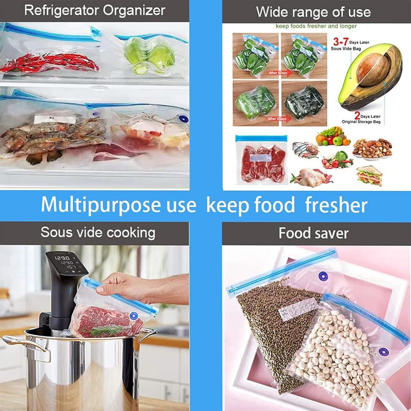 Reusable BPA Free Vacuum Sealer Bags (8.5 * 8.5in), 31 Pcs (24 Pcs Vacuum Zipper Bag & 2 Seal Clips & 5 Air Valves), Plastic, Clear, Double Zipper Seal, Microwaveable, Food Storage, Cooking