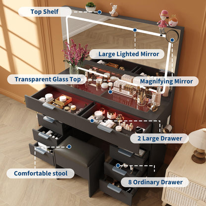 IDEALHOUSE Large Vanity Desk with Mirror, Clear Glass Top, Stool, LED Lights and Power Outlet, 45'' Width Makeup Vanity Table Set with 10 Drawers for Bedroom Dressing Room