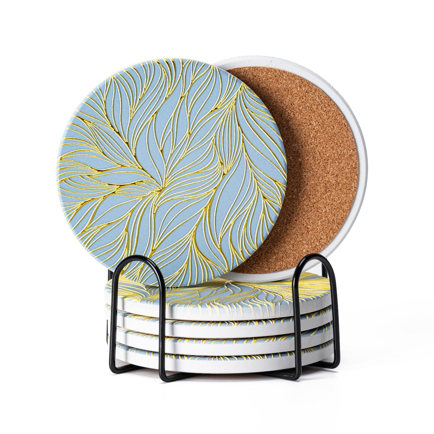 Hoewina 6Pcs Drink Coasters with Holder, Marble Style Ceramic Drink Coaster, Absorbent Coasters Set Suitable for Kinds of Cups, Modern Style Coaster for Coffee Table, 4 Inches（Gilded Relief