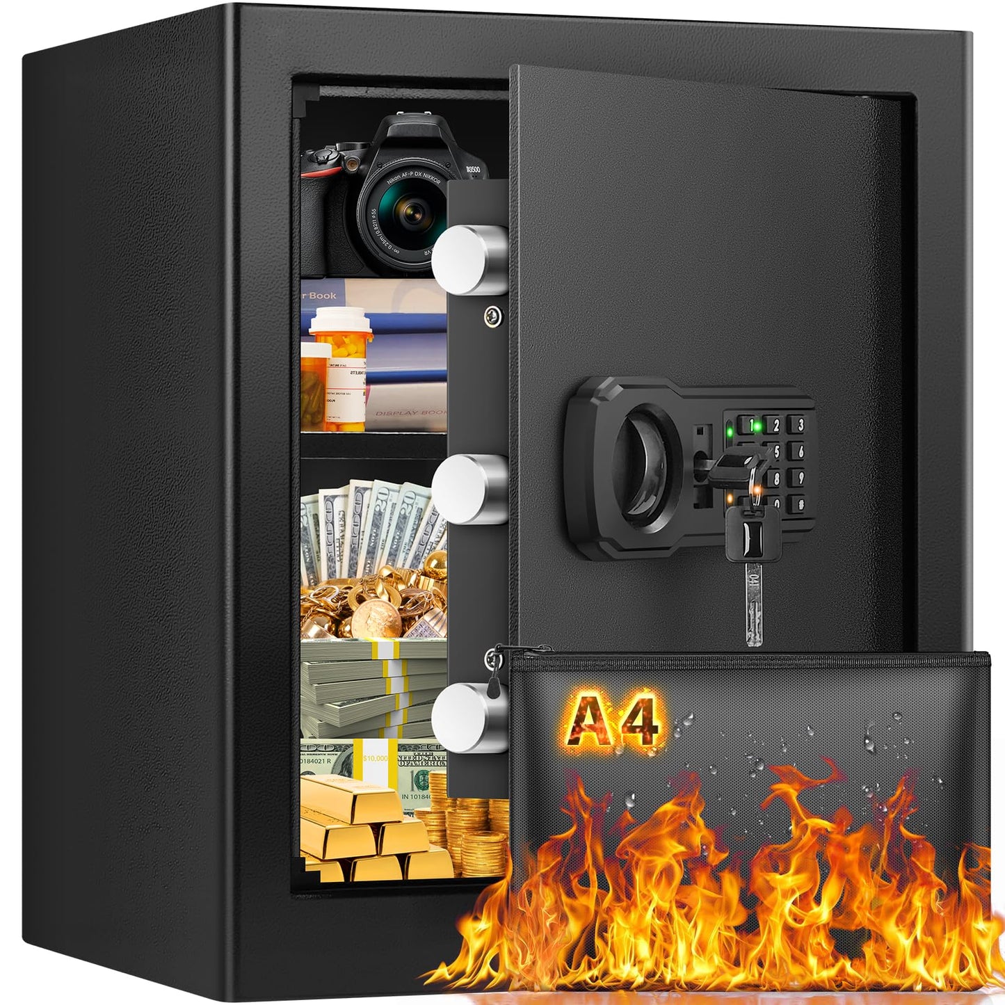 Large Fire proof Safe Box for HOME USE, 2.3 Cuft Digital Security Box with Combination Lock & Fireproof A4 Document Bag, Home Safe Fireproof Waterproof for Money Medicine Documents Valuables
