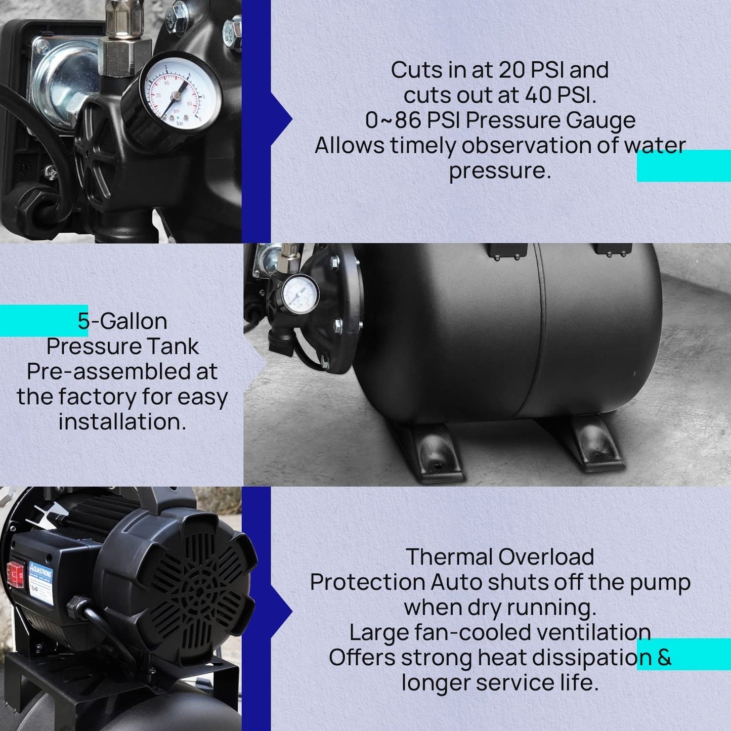 Aquastrong 115V Shallow Well Garden Pump, Stainless Steel, 1320 GPH, Automatic Water Booster Jet Pump for Home, Garden, Lawn,Irrigation,1.6 HP with Pressure Tank
