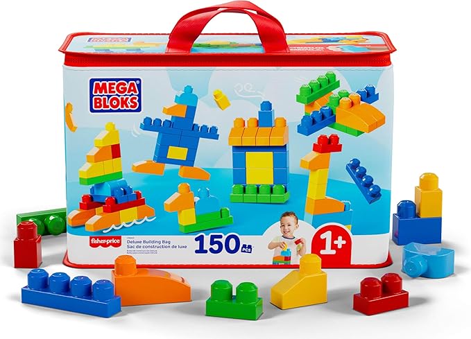 MEGA BLOKS First Builders Toddler Blocks Toys Set Deluxe Building Bag with 150 Pieces and Storage Creative Open-Ended Play Blue Ages 1+ Years (Amazon Exclusive)