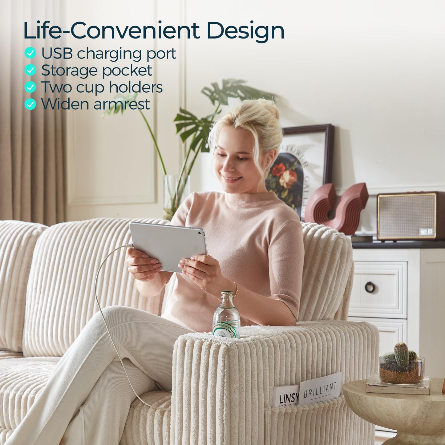 LINSY HOME Sectional Sleeper Sofa with Pull Out Couch Bed - Convertible Plush Corduroy Cloud Couch with Storage Chaise & USB Charging, Comfy L Shaped Modular Couches for Living Room Apartment, Beige