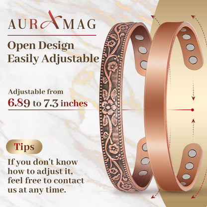 Auramag Magnetic Bangle for Women, Copper Cuff Bangle with 3500 Gauss Magnets, 100% Pure Copper Jewelry Gift Adjustable (2 PCS)