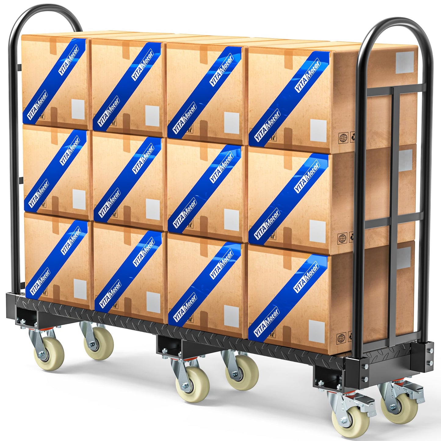 YITAMOTOR Heavy Duty Narrow Aisle U-Boat Platform Truck Dolly, 63 x 15.75 x 60.8 Inch U-Boat Cart with Thick Steel Deck 2000 Lb. Capacity with 6 Swivel Casters(2 Wheels with Brake)