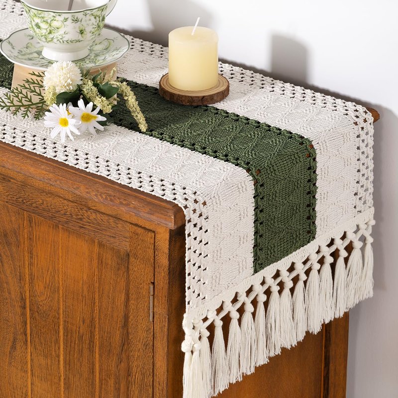 Socomi Boho Table Runner Summer Farmhouse Rustic Dining Kitchen Centerpiece Decor Small Macrame Woven Cotton Linen Coffee Table Runner for Dresser Scarf Home Decor 12x90 inch Olive Green
