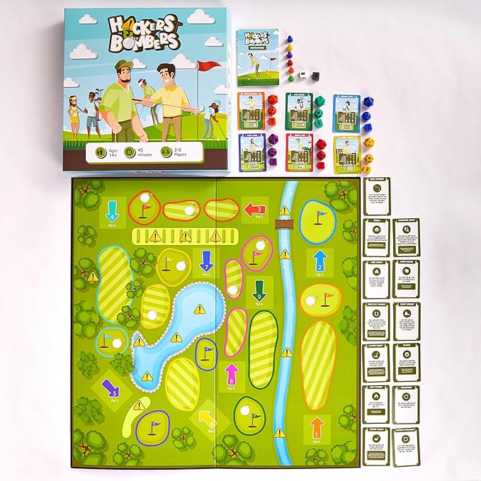 Hackers &amp Bombers Golf Themed Board Game - Play Golf Without Leaving The House - Play as Different Characters - Roll The Dice and Play The Course