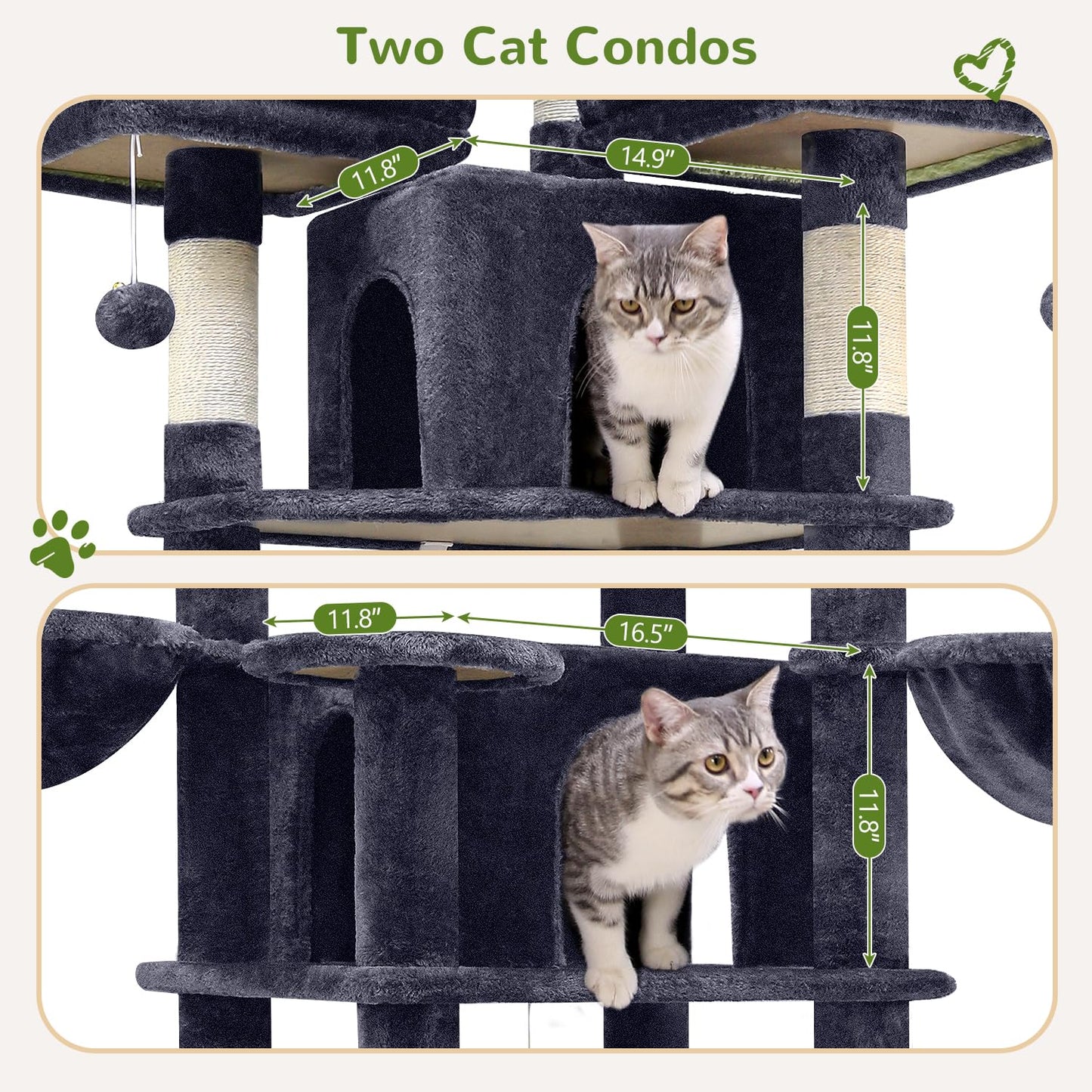 Globlazer Big Cat Tower for Indoor Cats, 80inch Cat Tower for Multiple Adult Cats XXL Cat Tree with Scratching Post, Hammock, 3 Perches, 2 Condos, 2 Hanging Basket, F80, Dark Grey