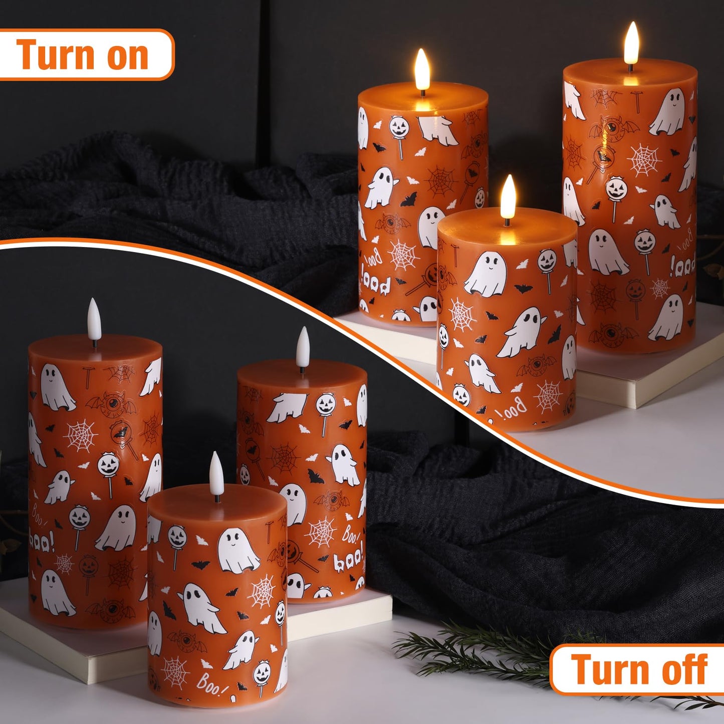 Girimax Burnt Orange Halloween Flameless Pillar Candles with Remote, Ghost LED Wax Candles Battery Operated Set of 3