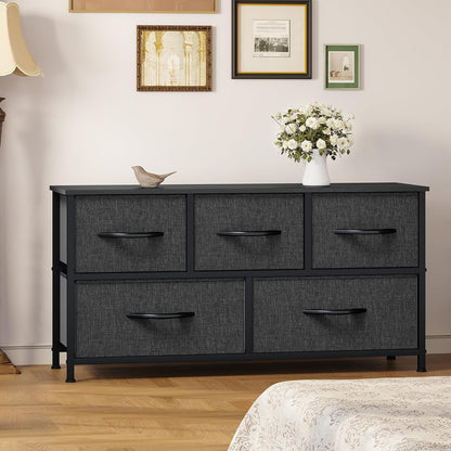 YITAHOME Wide Chest of Drawers, Dresser with 5 Drawers, Oak Greige Fabric Storage Tower, Dresser for Room with 5 Drawers, Living Room, Closets - Sturdy Steel Frame, Wooden Top