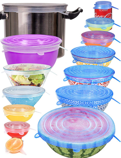 Longzon Silicone Stretch Lids 14 Pack Include 2Pcs Size up to 9.8'' Diameter,Reusable Durable Food Storage Covers for Bowl,7 Different Sizes to Meet 2.6"-9.8''Dia Containers,Dishwasher & Freezer Safe
