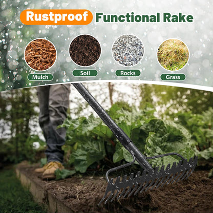 Garden Rake, 63 Inch Long Handle with 17 Tongs, Heavy Duty Metal Bow Rake for Loosening Leveling Soil, Garden Leaf Rake for Raking Leaves Grass , Weeding, Metal Yard Thatch Lawn Care Garden Tool