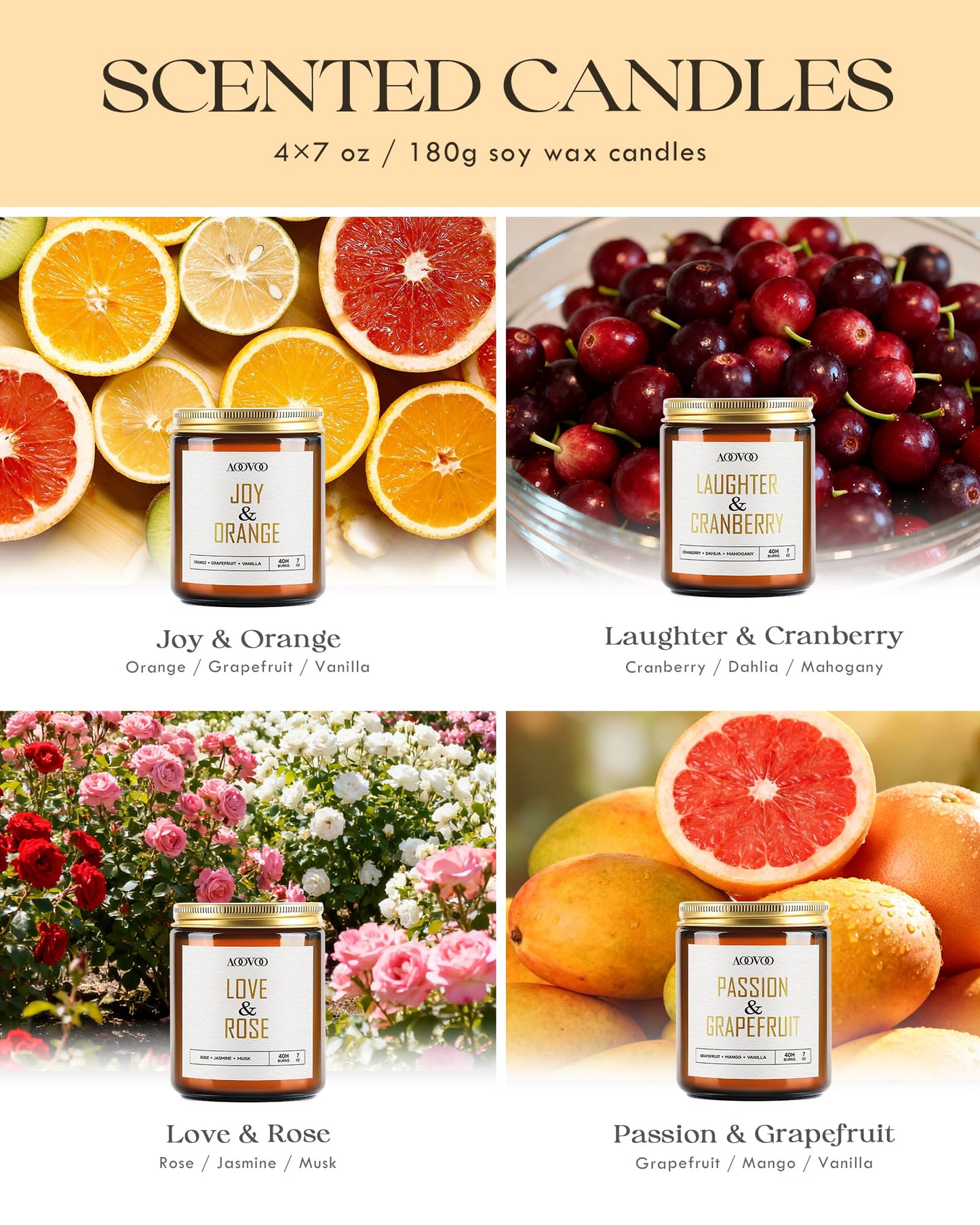 AOOVOO Candle Set - 4PC Scented Candles, 28 oz Soy Candles, Soy Candle for Home Scented, Joy Orange/Laughter Cranberry/Love Rose/Passion Grapefruit