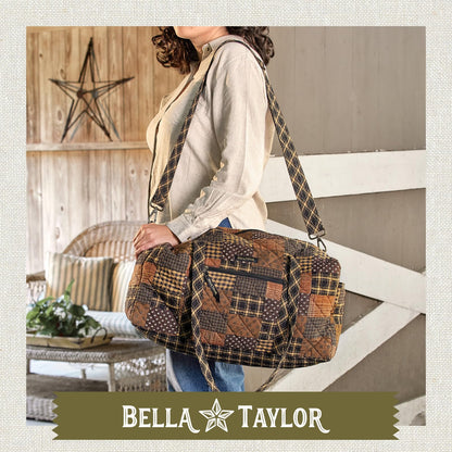 Bella Taylor Quilted Duffle Bag for Women, Large Carry On Travel Weekend Bag, Quilted Cotton Ironstone Black and Brown Patchwork