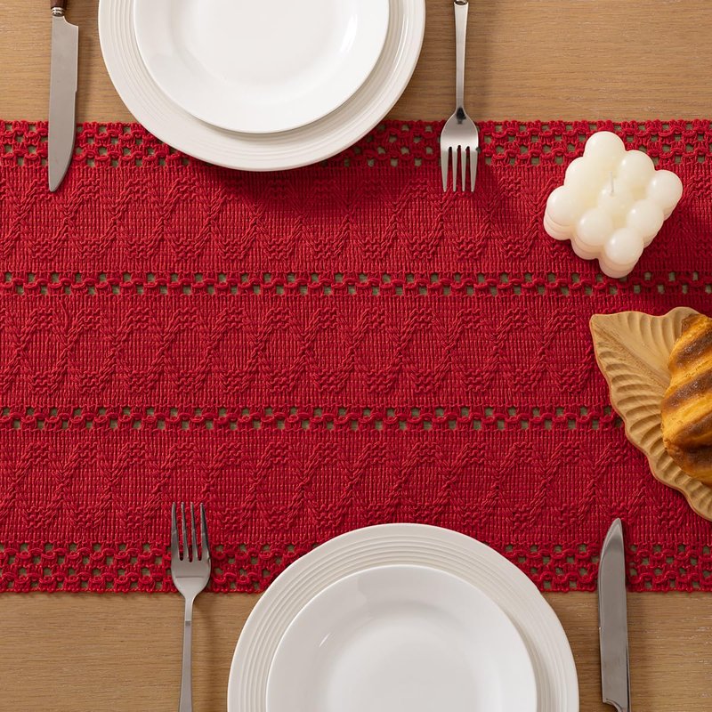 Socomi Boho Table Runner Easter Spring Farmhouse Rustic Dining Kitchen Centerpiece Decor Small Macrame Woven Cotton Linen Coffee Table Runner for Dresser Scarf Home Decor 12x36 in Red