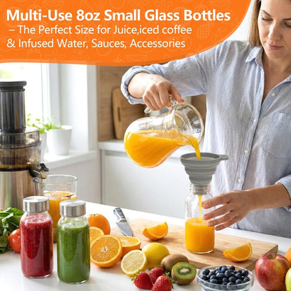 Luxfuel 8 oz Glass Water Bottles with Lids, 4 Pack Small Glass Juice Bottles with Stainless Steel Caps & Funnel, Leak-Proof Containers for Juicing, Milk, Ginger Shots, Smoothies, Wellness Drinks