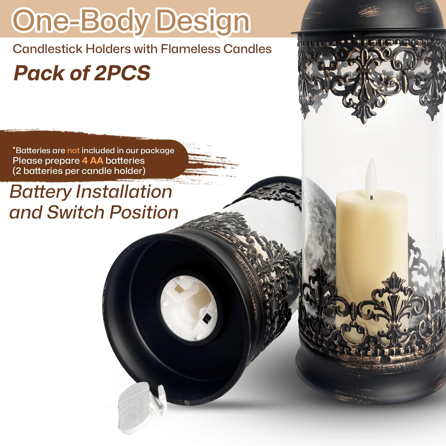 HiSnug Candlestick Holders with Flameless Candles - Gothic Vintage Hurricane Candle Holder, Portable Wind Lamp Barn Lantern Suspended Candleholders for Table Shelf Balcony Eaves, 2PCS, S+L, Black