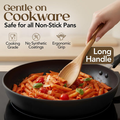 8 Piece Teak Wooden Cooking Spoons Set – Wooden Utensil Set with Spatula Scraper Pasta Spoon Rice Paddle Tongs for Everyday Cooking, Smooth Sanded Finish, Comfortable Grip Handles, Gentle on Cookware