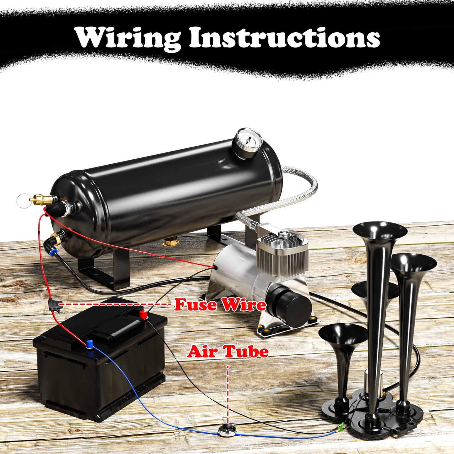 150DB Train Air Horn Kit, 4 Horn Kits for 150 PSI 12V Air Compressors, Ultra Loud Air Horn With Built-in 90-120 PSI Pressure Switch and Temperature Controller for Truck Complete Kit, Black 1.59 Gallon