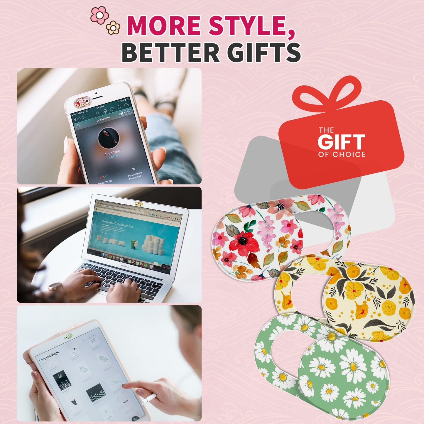 Laptop Camera Cover Slide Cute, Ultra Thin Webcam Cover for iPhone iPad MacBook Pro Computer iMac Cell Phone PC Accessories, Camera Blocker Slider, Great for Privacy - Flowers (3*Flowes)