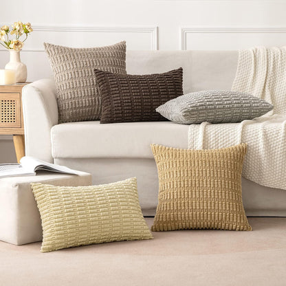 MIULEE Corduroy Throw Pillow Covers - Soft Boho Striped Design | 18x18 Inch Light Brown for Modern Home Decor