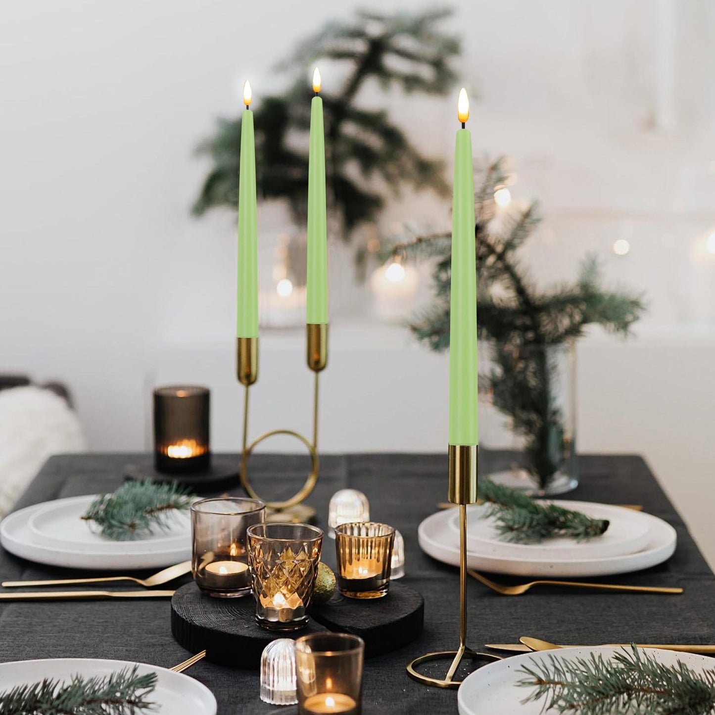 CVHOMEDECO. Flameless Taper Candles with 10-Key Remote, Battery Operated Led Flickering 3D Wick Window Candles Real Wax Finished Home Christmas Party Decor 0.78 x 11 Inch, Pack of 3, Light Green