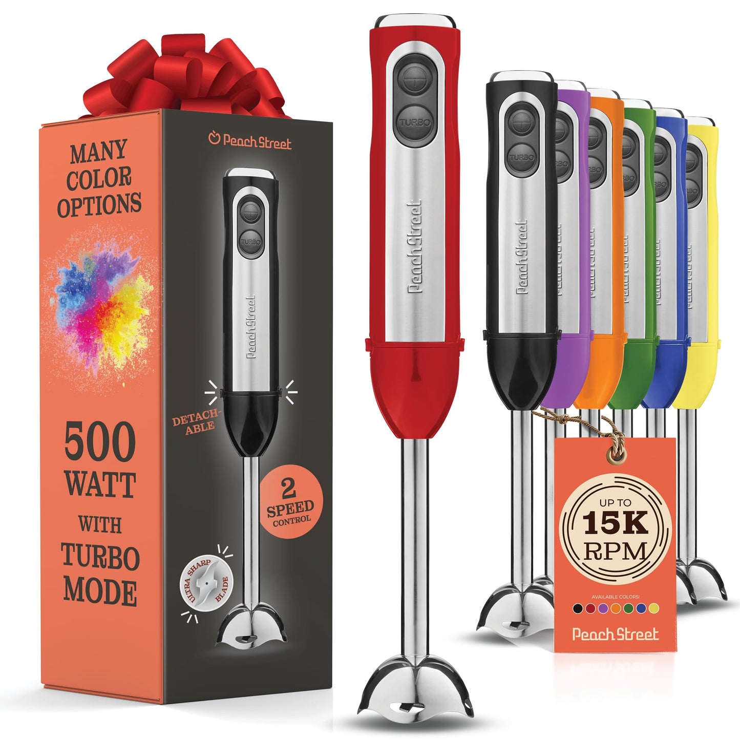 Powerful Immersion Blender, Electric Hand Blender 500 Watt with Turbo Mode, Detachable Base. Handheld Kitchen Gadget Blender Stick for Soup, Smoothie, Puree, Baby Food, 304 Stainless Steel Blades