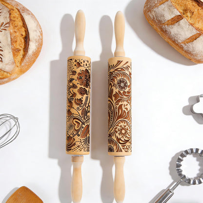 2 Pack Wooden Embossed Rolling Pin with Handles, Hardwood Dough Roller with Engraved Patterns, Kitchen Essential for Baking Pizza, Pies, Pastry, Cookies & Decorative Dough