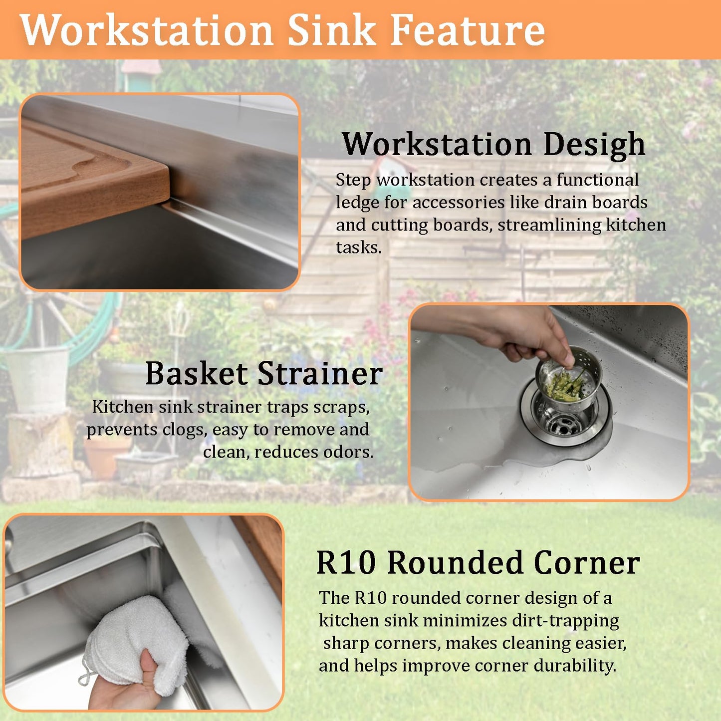 WMXQX Drop In Kitchen Sink, 33x22 Kitchen Sink with Faucet Stainless Steel Top Mount Workstation Overmount Handmade Single Bowl Deep Sink with Cutting Board&Soap Dispenser