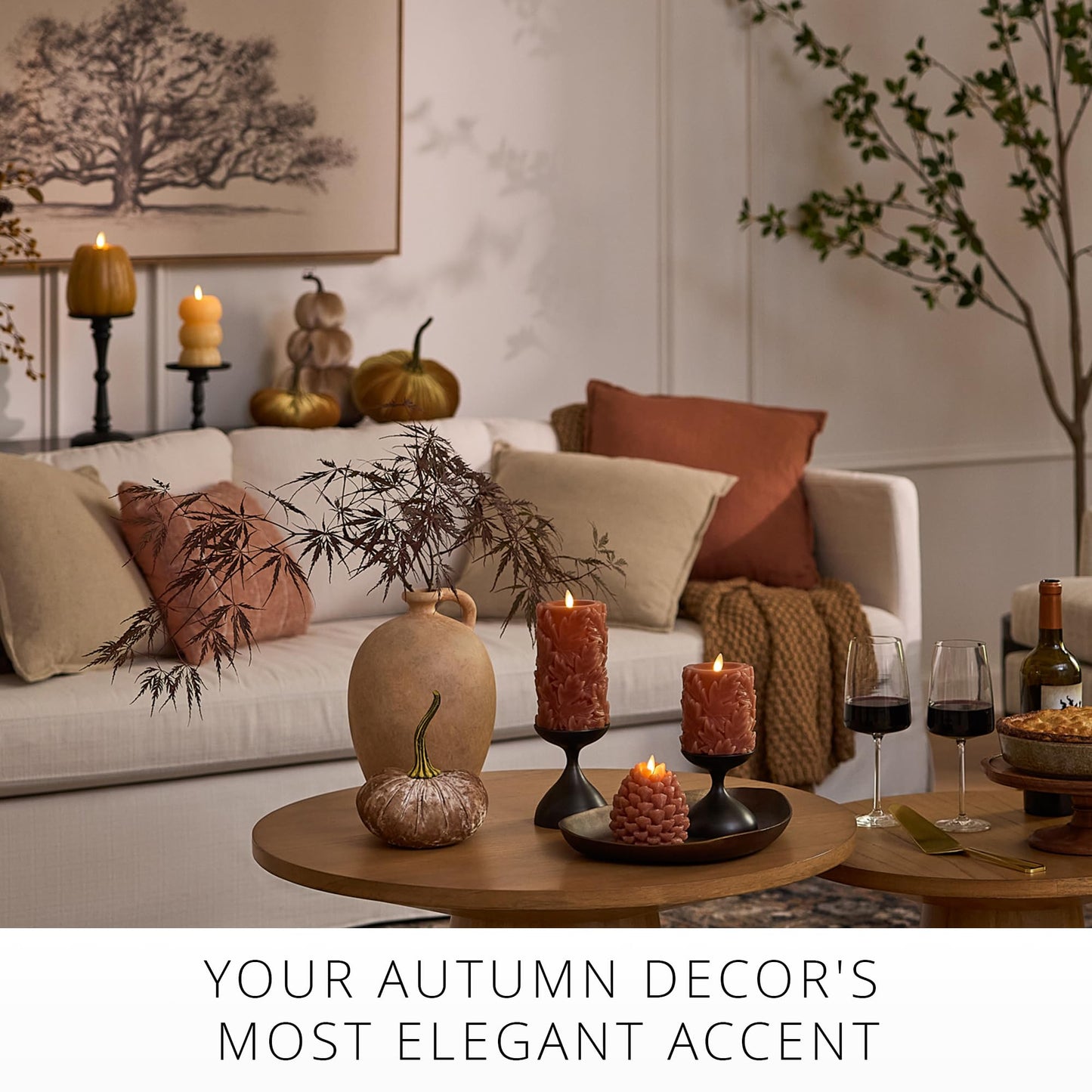 Luminara Flameless Caramel Cafe Embossed Leaves 3.5" x 4.5" Pillar, Battery Operated & Timer Function, Fall Decorations Indoor Candle Moving Flickering Flame LED Light, Remote Ready (Sold Separately)