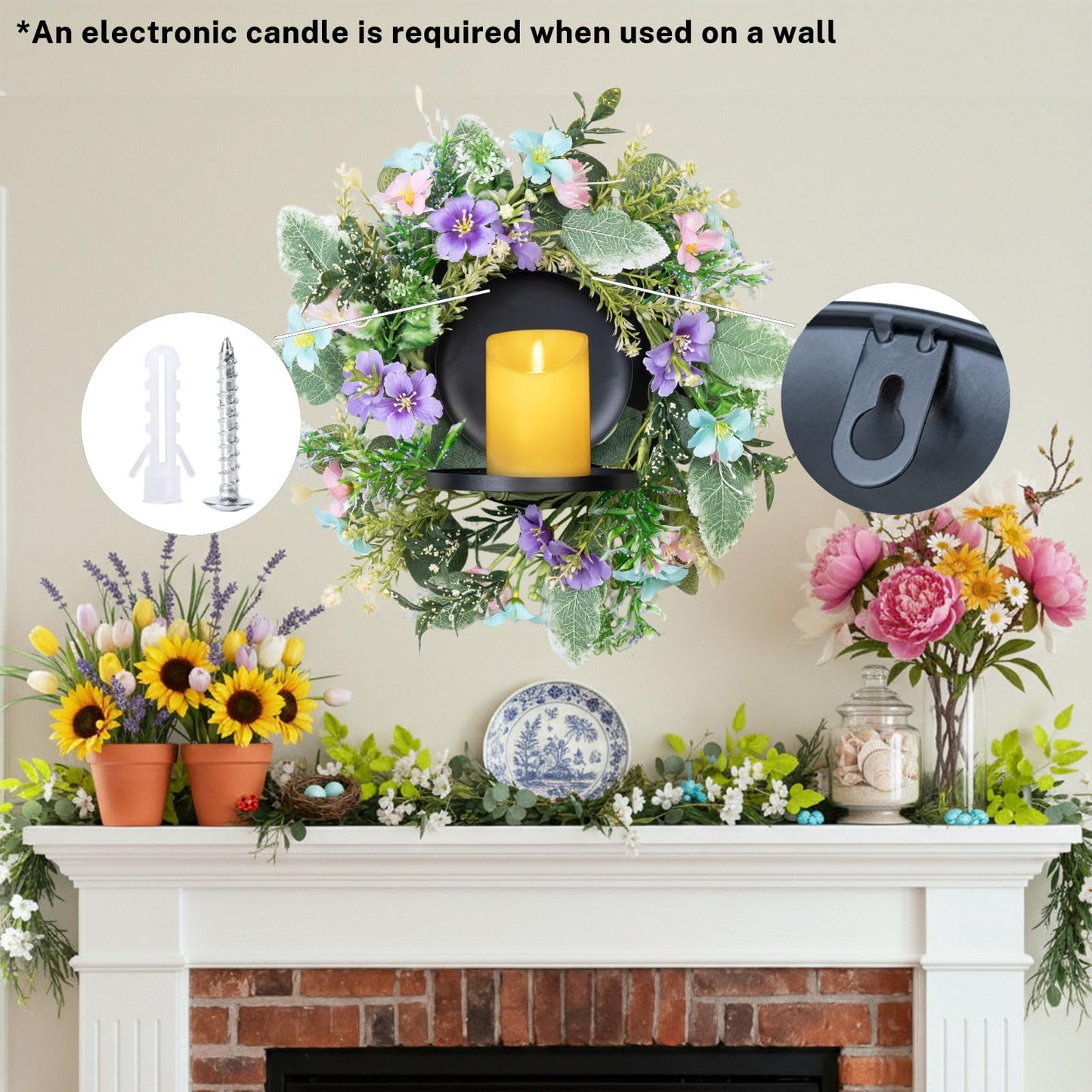 MOYEE Summer Candle Holder Centerpieces for Tables,Candle Ring, Black Metal Candlestick with an Artificial Wreath 14 in Versatile Dining Table Centrepiece (Blue and Purple Flower Wreath)