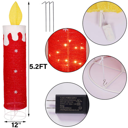 DR.DUDU 5.2 FT Christmas Lighted Decoration Candle,Red Glitter 3D Candle with Flickering Flame, Pre-Lit 60 LED Christmas Outdoor Decor with Stakes for Xmas Outside Yard Indoor Porch Lawn Holiday Party