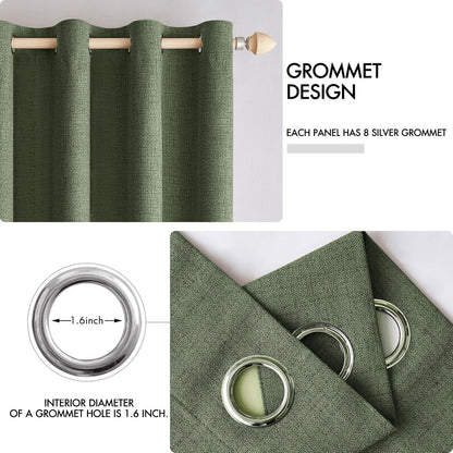 MIULEE 100% Blackout Linen Textured Curtains - Olive Green Thermal Insulated Drapes | 42 x 84 Inch (2 Panels)