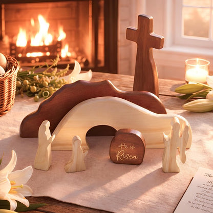 RUSATEN He is Risen Easter Decor – Wooden Resurrection Scene with Empty Tomb, Cross & Figurines, Christian Religious Tabletop Decoration for Home, Faith Easter Gift, Easter Basket Stuffer