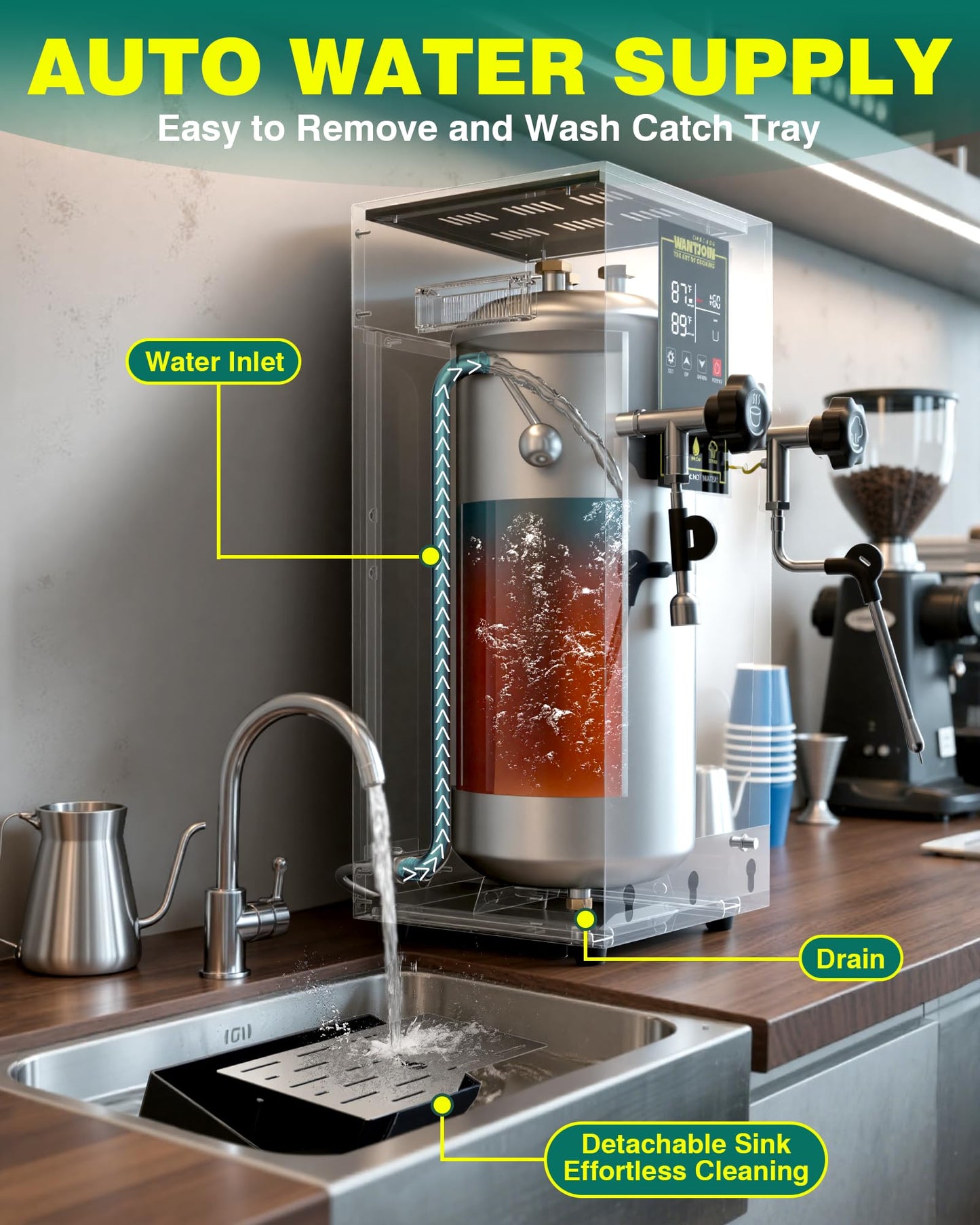 WantJoin Commercial Milk Frother & Beverage Heater - 1800W Multi-functional Milk Steamer Machine with LED Display Panel for Latte, Cappuccino, Coffee, Milk Tea Foam, Hot Water Dispenser - Hotel & Home