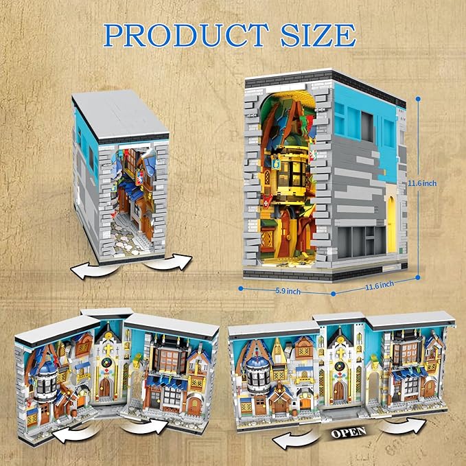 Reobrix Medieval Architecture Book Nook Building Set with Lights European Century Street View Bookshelf Insert Decor Bookshelf Diorama Building Blocks Kit DIY Miniature House Model Kit