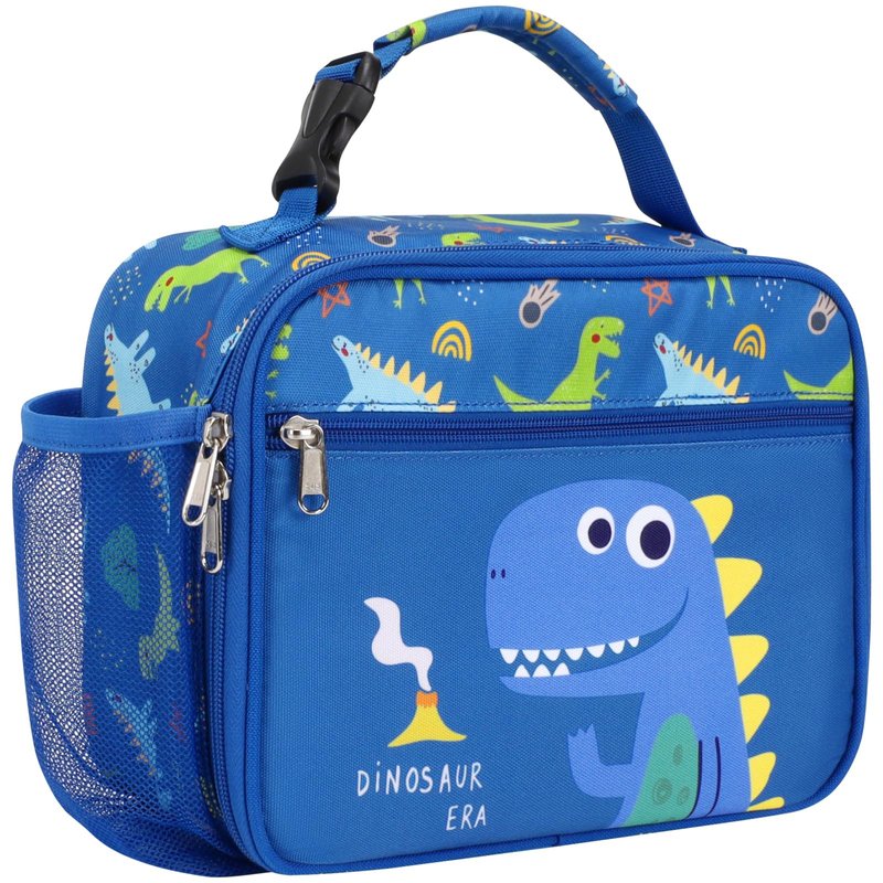 BrainyBees Insulated Kids Lunch Bag - Reusable Boys Lunch Box with Water Bottle Holder Toddler Lunch Tote Bag for Daycare and School, Easy to Clean, Blue Cute Dinosaur