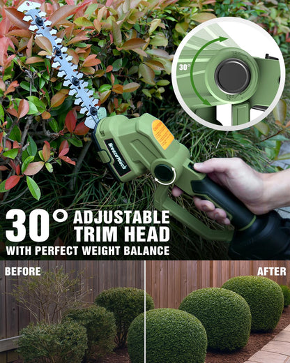 Breeze Touch 21V Hedge Trimmer Cordless with Battery and Charger, 2-in-1 Bush Trimmer Cordless & Grass Shear, Handheld Electric Hedge Trimmers with 4.5"/8.5" Blades for Garden & Lawn