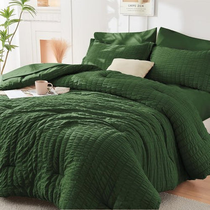 HYMOKEGE Queen Comforter Set - Dark Green Seersucker 7-Piece Luxury Bedding Set for All Seasons