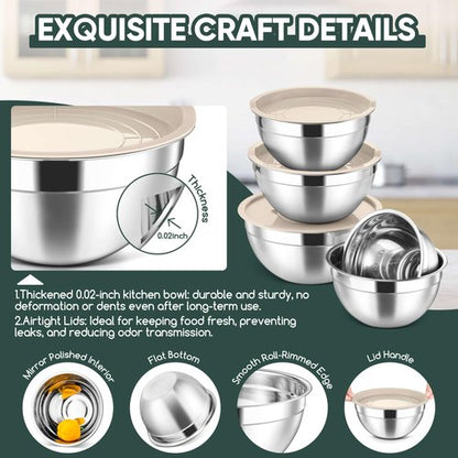 Herogo 5-Piece Mixing Bowls with Lids, 3 Grater Attachments, Stainless Steel Salad Bowls for Kitchen, Size 4.6, 3.5, 2.5, 2, 1.5QT Ideal for Baking, Prepping, Mixing and Serving, Khaki