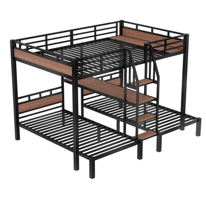 Bellemave Queen Over Twin Over Twin Bunk Beds for 3 Kids,Metal Heavy Duty Triple Bunk Bed Frame with Stairs and Storage Shelf,3 Bed Bunk Beds,Twin Size Triple Bed,Black