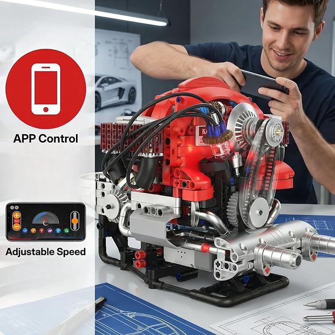 Engine Model 868PCS Building Blocks for Adults with Bluetooth App Control DIY Working Mini Engine Build Kit with Dynamic RGB Lighting STEM Engineering Kit for Builders