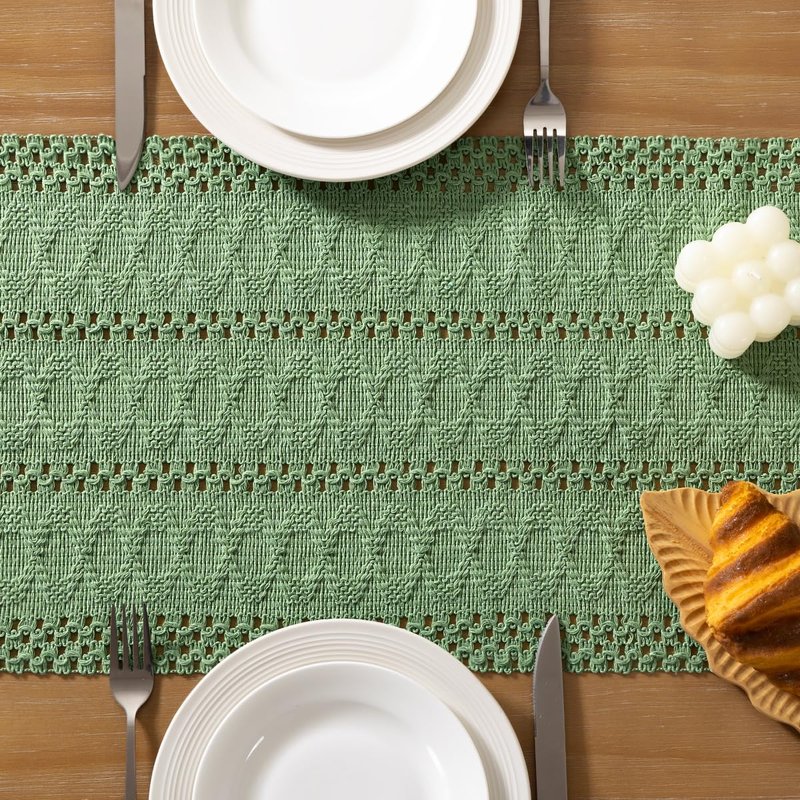Socomi Sage Green Boho Table Runner Summer Farmhouse Rustic Dining Kitchen Centerpiece Decor Small Macrame Woven Cotton Linen Coffee Table Runner for Dresser Scarf Home Decor 12x60 inch
