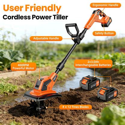 400RPM Brushless Cordlees Tiller Cultivator for Gardening, 20V Electric Garden Tiller Battery Powered((2*3.0Ah Battery&Charger), 9.5"Width 7"Depth, Garden Rototiller for Yard/Lawn/Soil Tiller (Orange)