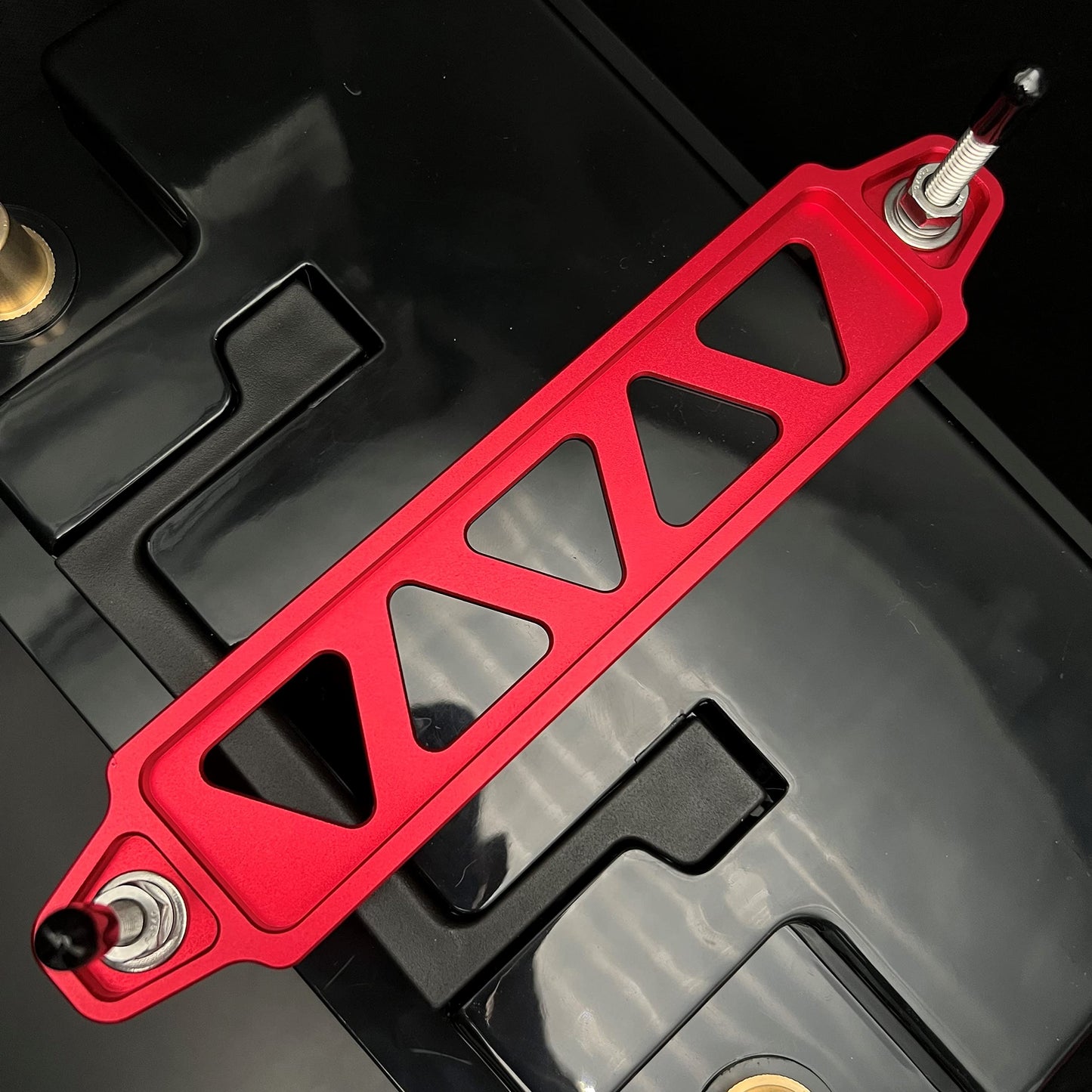 ARONOVA Battery Hold Down Sets,With Billet Aluminum Battery Tie Down Bracket and 18-8(304) Stainless Steel J bolts (Red, 10 inch bolts)